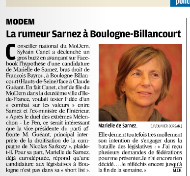 Marielle de Sarnez à Boulogne-Billancourt pour les législatives ? Le Parisien-Aujourd'hui en France 15 mai 12